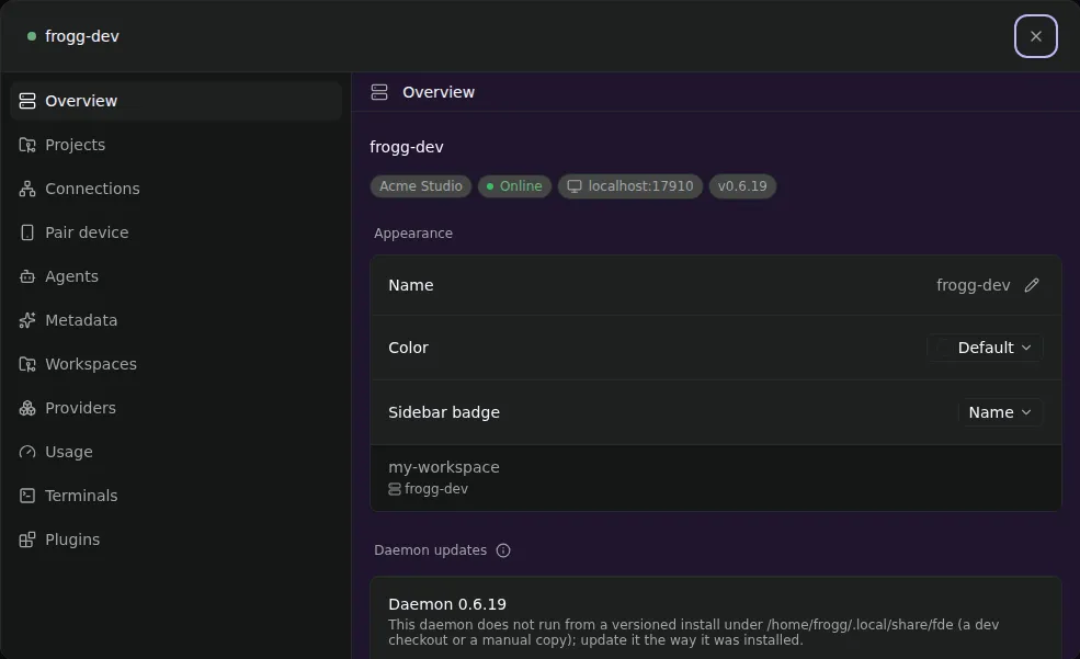 Acme Studio host settings: the product badge reads Acme Studio