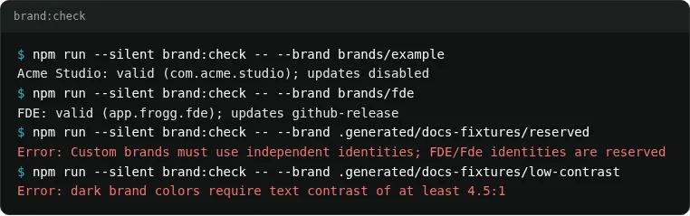 brand:check output for a valid brand and two rejected ones