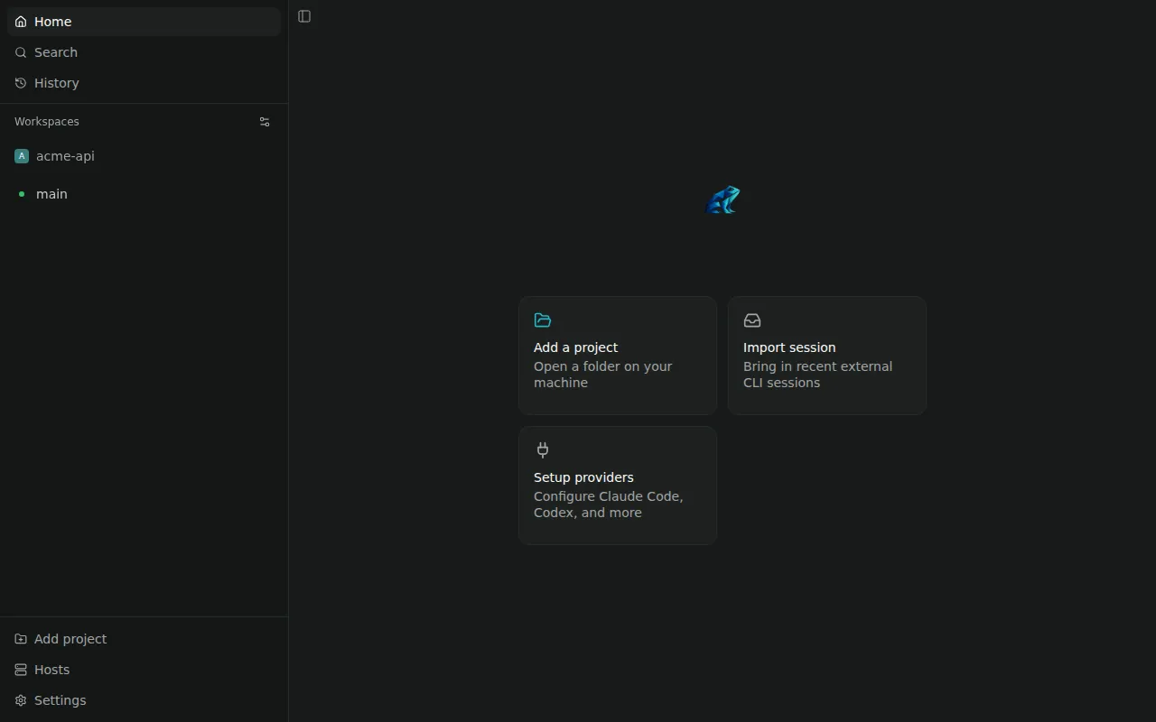 Home screen with Add a project, Import session and Setup providers
