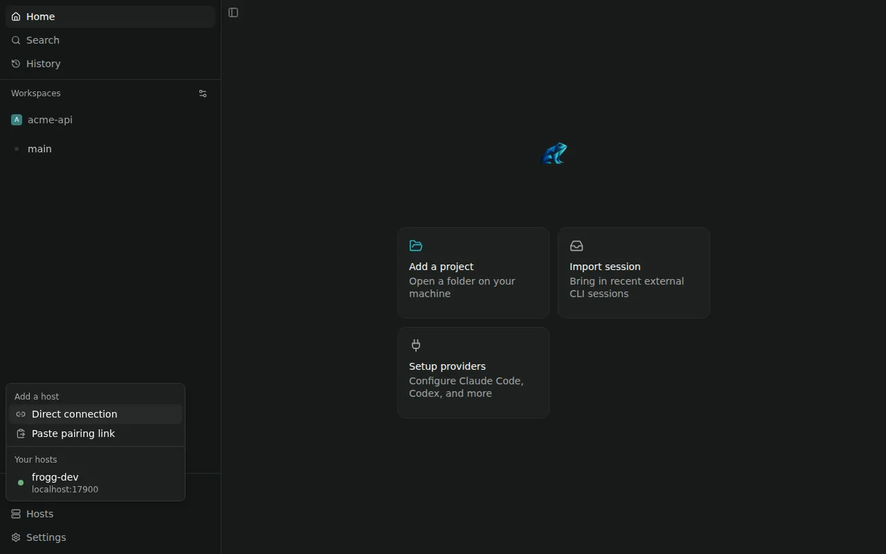 Hosts menu with Direct connection and Paste pairing link