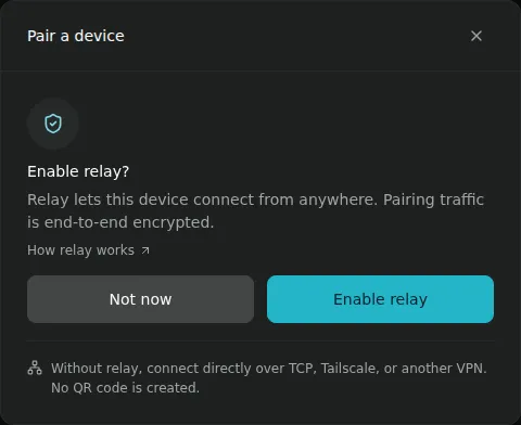 Pair a device dialog asking whether to enable relay