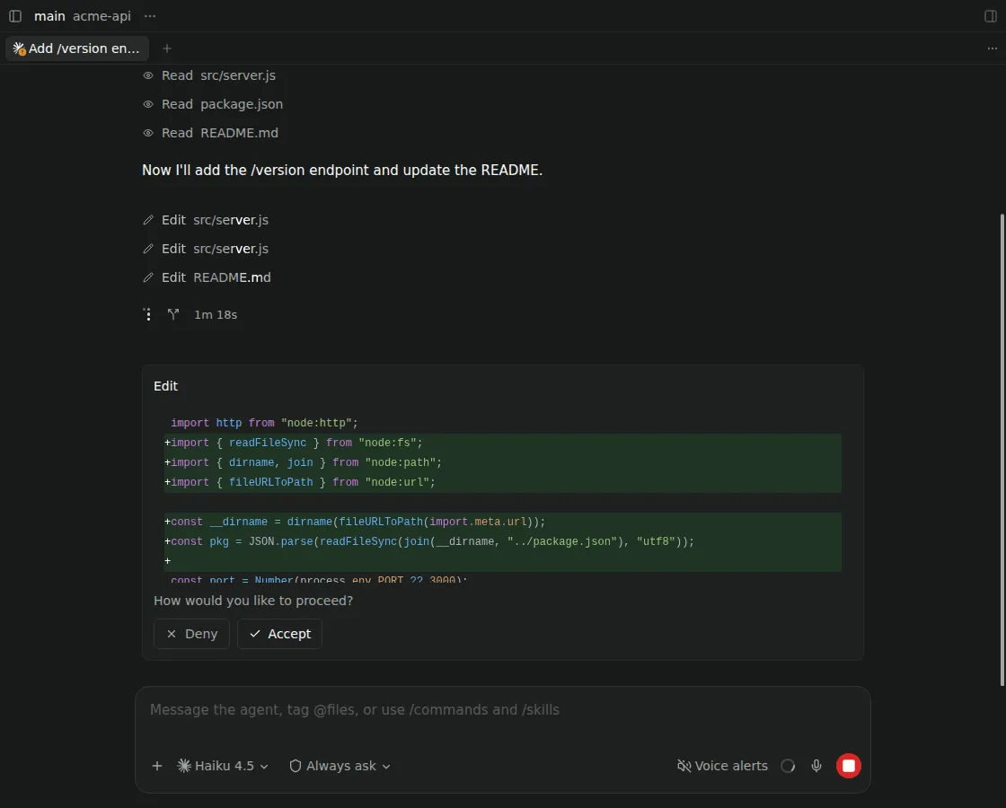 A permission request showing an Edit diff with Deny and Accept